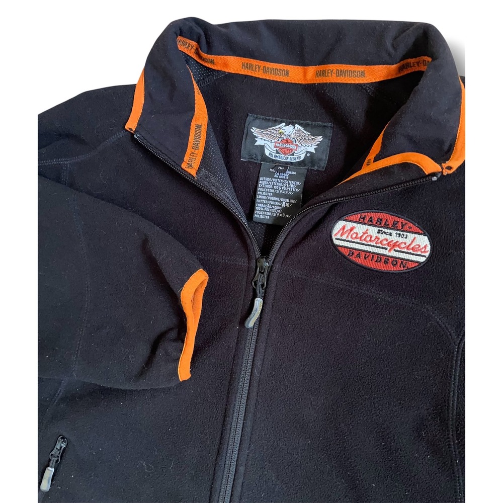 Vtg Harley-Davidson Mens Full Zip Fleece Jacket Black Orange Embroidered 1W 2007